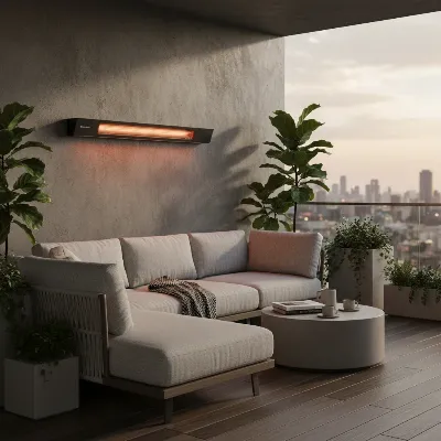 Sleek Bromic Heating Platinum Smart-Heat Series II electric infrared patio heater mounted on a modern balcony wall, providing efficient warmth.