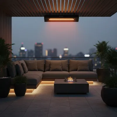 Bromic Tungsten Smart-Heat Electric patio heater mounted on a modern outdoor patio, emitting an amber glow