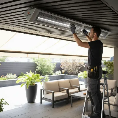 A person inspecting a mounted Calcana infrared gas patio heater with a flashlight, checking for dust or debris in a clean, professional manner.