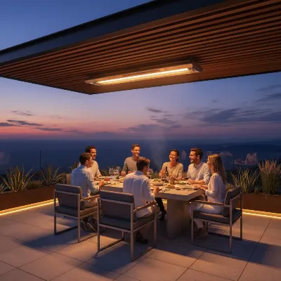 A modern outdoor patio with a sleek Calcana infrared gas patio heater mounted overhead, providing warmth to guests seated at a dining table at dusk.