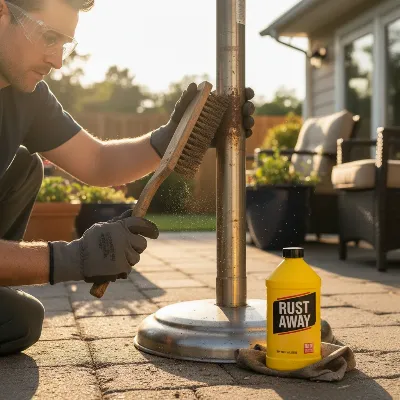 Person cleaning rust off a propane patio heater's pole with a wire brush and rust remover, wearing gloves and safety glasses.