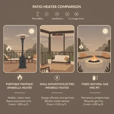 Comparison of different patio heater types in an outdoor evening setting