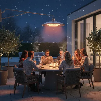 Cuisinart Perfect Position Overhead Propane Patio Heater warming a patio in winter