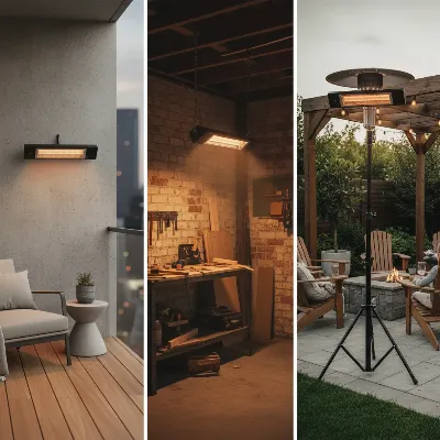 Various Dr Infrared Carbon Patio Heater models showcasing different mounting options and designs.