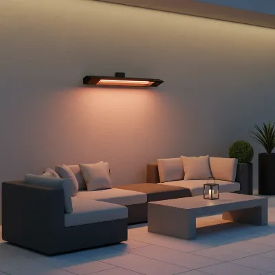 A sleek, wall-mounted electric infrared patio heater providing warmth to a modern outdoor seating area.