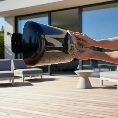 Person cleaning a wall-mounted electric patio heater on a modern outdoor deck