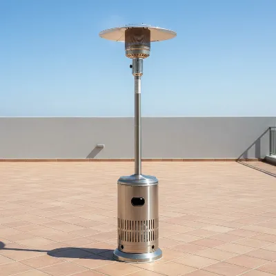 A gas patio heater on a stable, level patio with ample clearance from walls and furniture, demonstrating safe placement and operation.