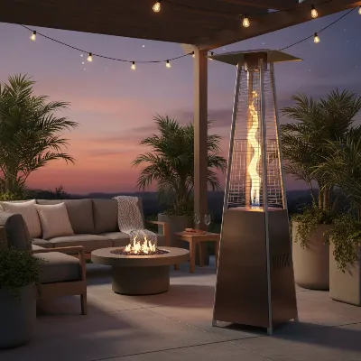 Hampton Bay Pyramid Patio Heater illuminating an outdoor patio at dusk, bronze finish, elegant flame