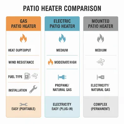 A comparison chart of patio heater types and their features.