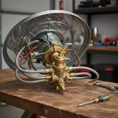 A disassembled patio heater with the burner head removed, showing internal components