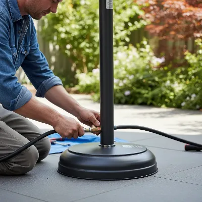 A person checking the stability and connections of a tall patio heater outdoors.