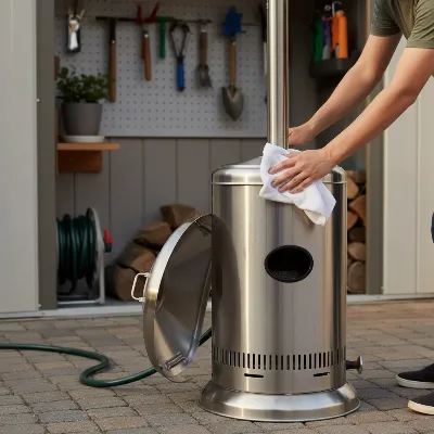 Person cleaning a Fire Sense Patio Heater with a cloth, illustrating maintenance