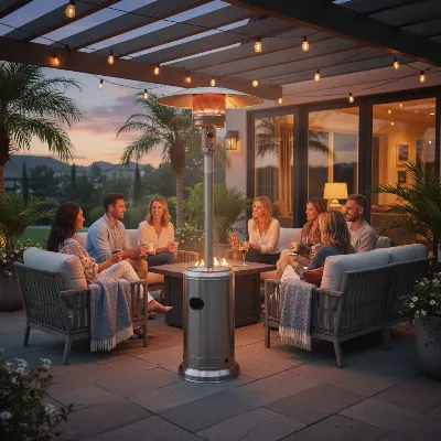 A classic mushroom-shaped propane patio heater illuminating a spacious outdoor patio at dusk.