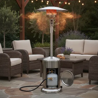 A propane patio heater with a visible propane tank in an outdoor setting