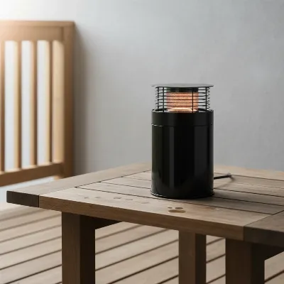 A close-up shot illustrating safe placement of a tabletop patio heater on a small deck, showing clear distances from furniture and overhead structures
