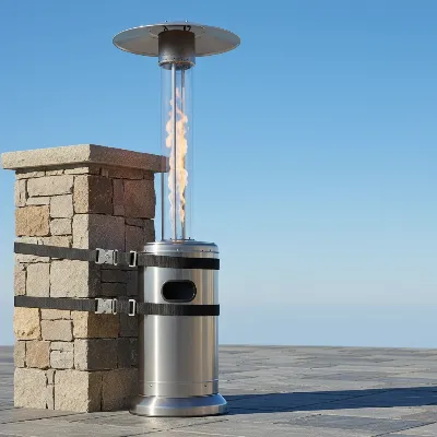 A tall patio heater secured with fire-resistant straps to a sturdy stone pillar on an outdoor patio, clear sky.