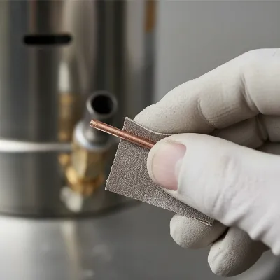 A close-up of a patio heater thermocouple being gently cleaned with fine-grit sandpaper, with a pilot light in the background.