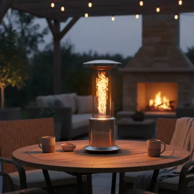 Cuisinart Portable Tabletop Patio Heater on an outdoor table in evening