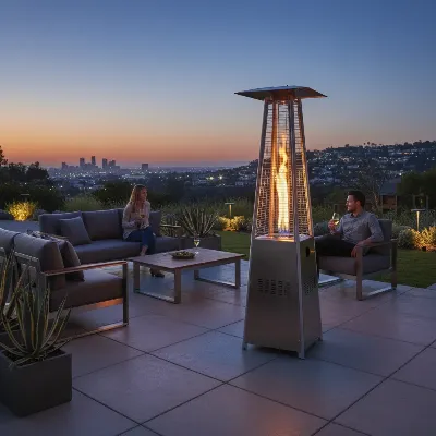 Sleek pyramid patio heater with visible flame tube creating modern outdoor ambiance