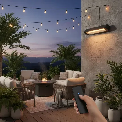 A sleek electric patio heater with a remote control, warming an outdoor patio during evening