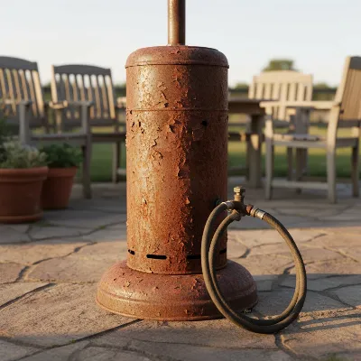 Close-up of a rusty propane patio heater base and pole, showing severe orange corrosion, set in an outdoor patio environment.