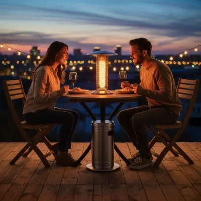 A stylish tabletop propane patio heater on a small wooden deck at dusk, providing warmth for two people dining, with ambient string lights