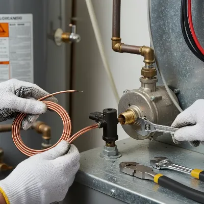 A close-up shot of a new patio heater thermocouple being installed into the pilot assembly and connected to the gas valve