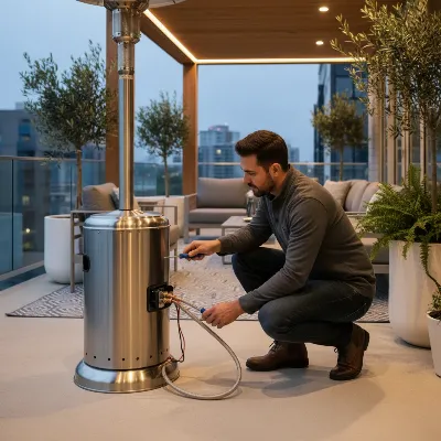 Person troubleshooting a propane patio heater, checking connections and igniter.