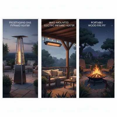 Illustration comparing gas, electric, and wood-burning patio heaters in different settings